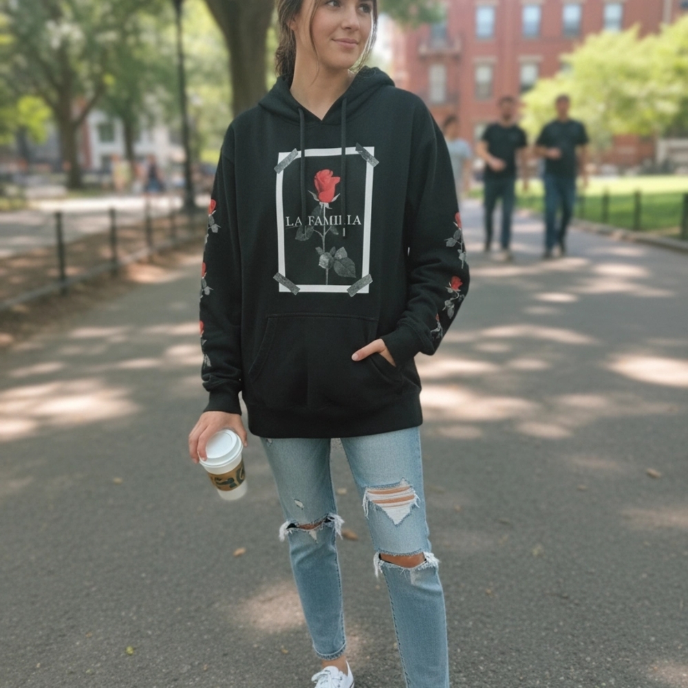 La Familia Unisex Black Hoodie with Red Rose Graphic